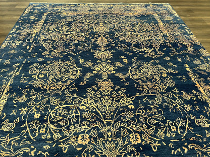 Handmade Wool Area Rug 8x10 Pakistani Oriental Blue and Gold Modern Living Room Decor