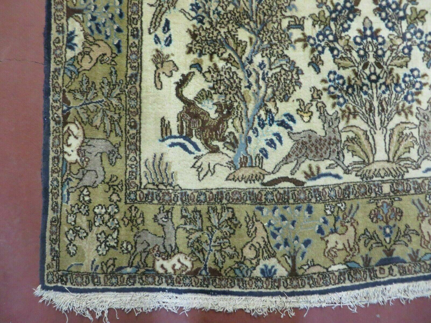 Handmade India Tree Of Life Rug Wool Silk 4x6 Oriental Pictorial Birds Deer Vintage 1960s
