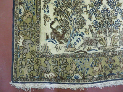 Handmade India Tree Of Life Rug Wool Silk 4x6 Oriental Pictorial Birds Deer Vintage 1960s