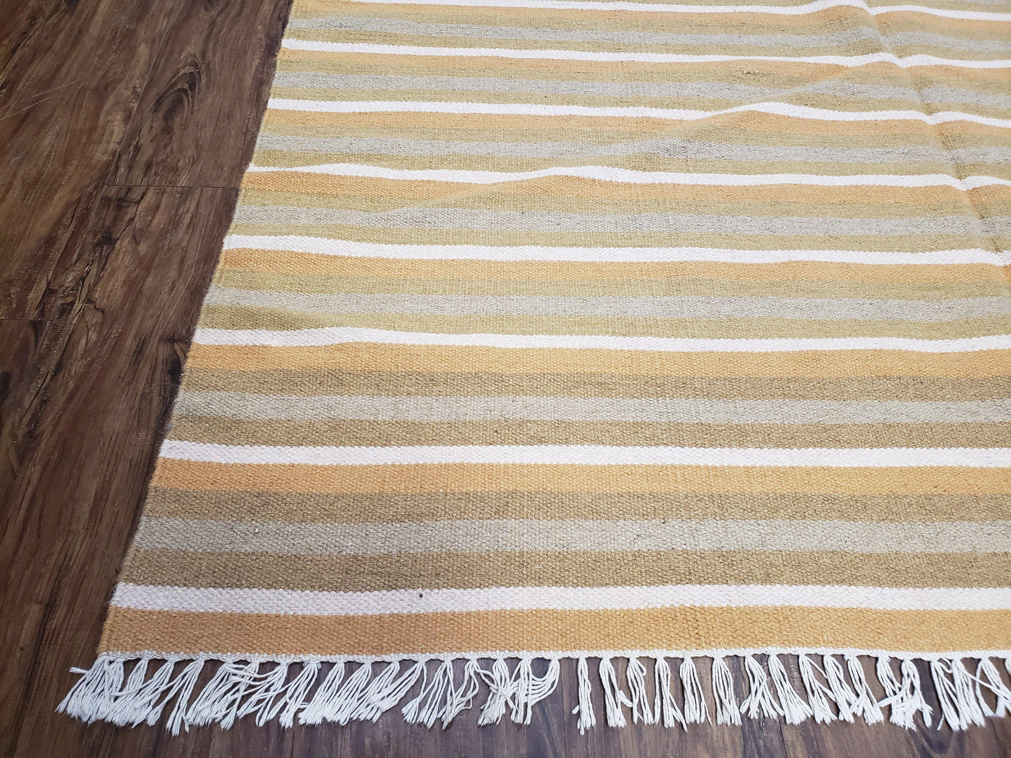 New Indian Kilim Area Rug, 6x8 - 7x8 South American Style Blanket, Striped Indian Wool Hand-Woven Flat Weave 6x9 Bedroom Rug, Ivory Ochre