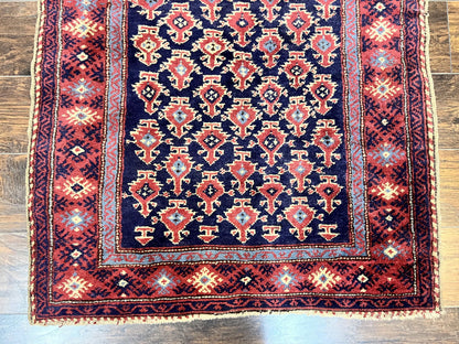Turkish Sparta Rug 3x4, Allover Pattern, Navy Blue and Red, Antique Ispara Oriental Carpet 3 x 4, Small Turkish Handmade Vintage Wool Rug