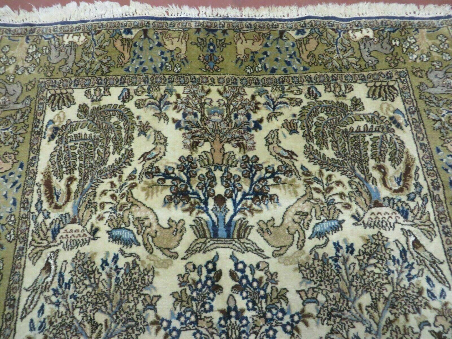 Handmade India Tree Of Life Rug Wool Silk 4x6 Oriental Pictorial Birds Deer Vintage 1960s