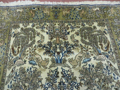 Handmade India Tree Of Life Rug Wool Silk 4x6 Oriental Pictorial Birds Deer Vintage 1960s