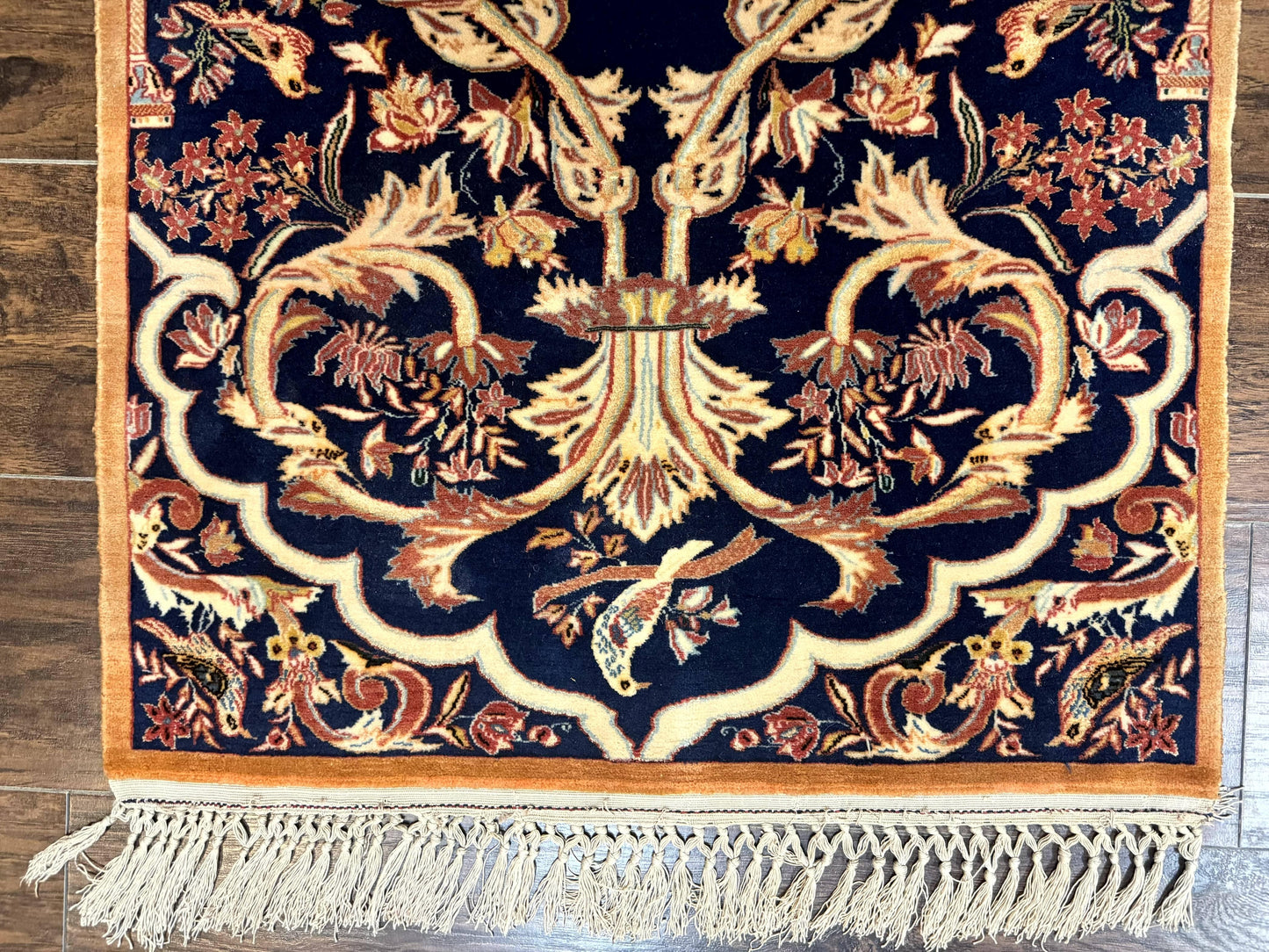 Persian Isfahan Rug 2x4, Birds, Navy Blue, Kork Wool on Silk Foundation, 460 KPSI