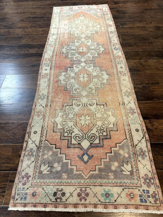 Antique Turkish Runner Rug 3 x 9.6, Farmhouse Rug, Geometric Runner, Handmade, Vintage Rug for Modern Home