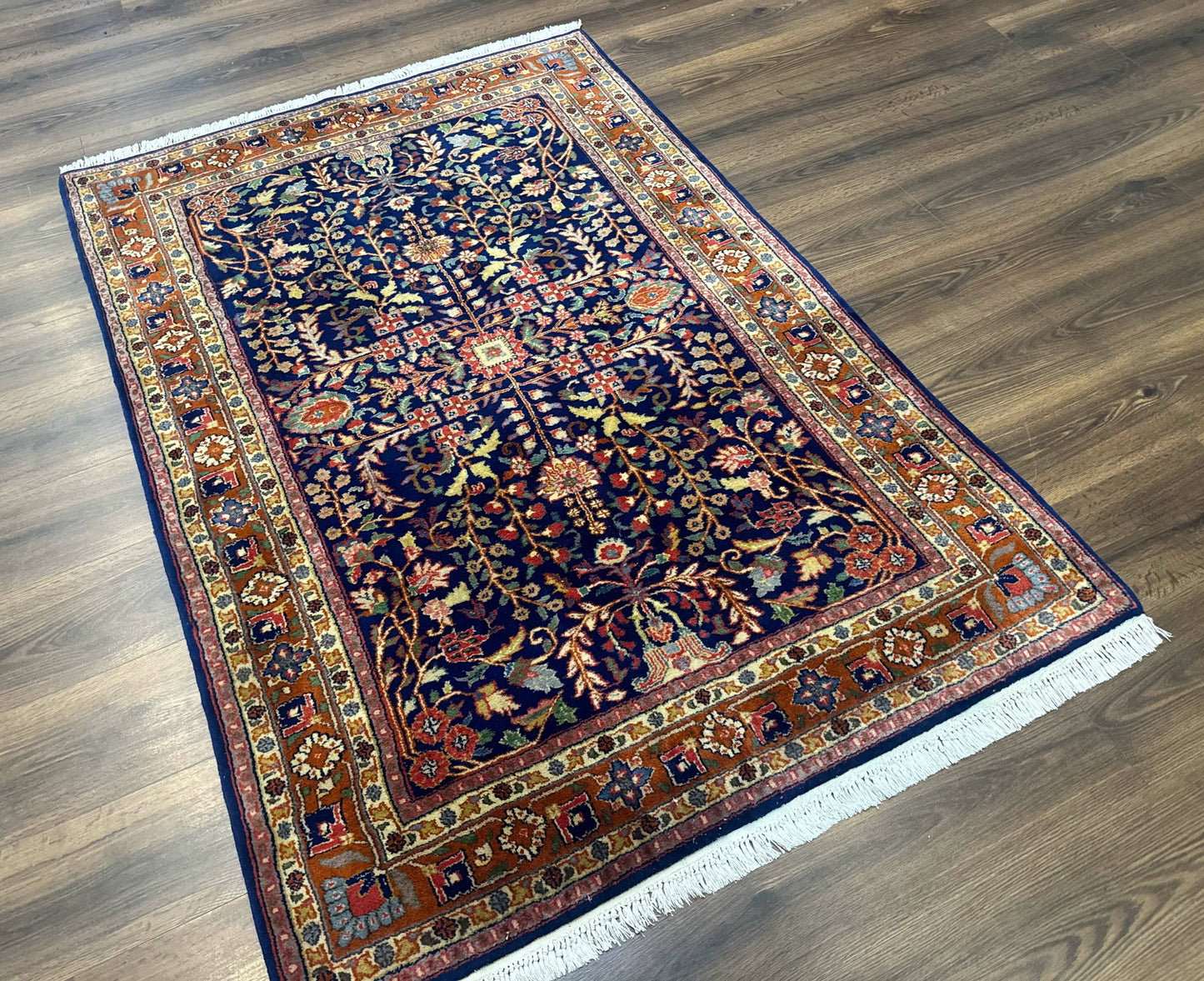 Indo Persian Sarouk Rug 4x6, Blue and Rust Red