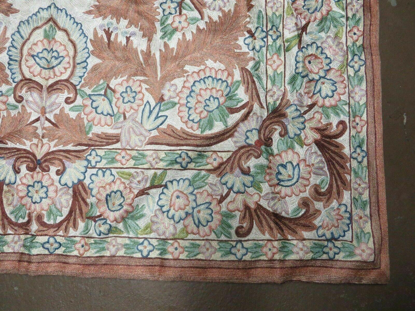 Vintage Hand Stitched Silk On Cotton Rug From India Floral Pattern 46 By 72 Inches