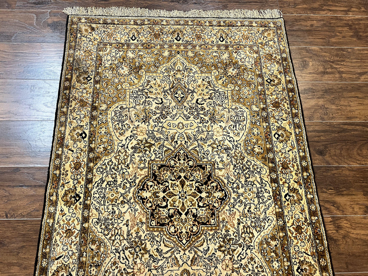 Persian Qum Silk Rug 3.5x5.5 Hand Knotted Silk On Silk Floral Medallion Very Fine 350 KPSI Vintage