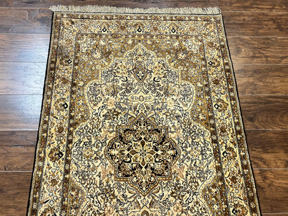 Persian Qum Silk Rug 3.5x5.5 Hand Knotted Silk On Silk Floral Medallion Very Fine 350 KPSI Vintage