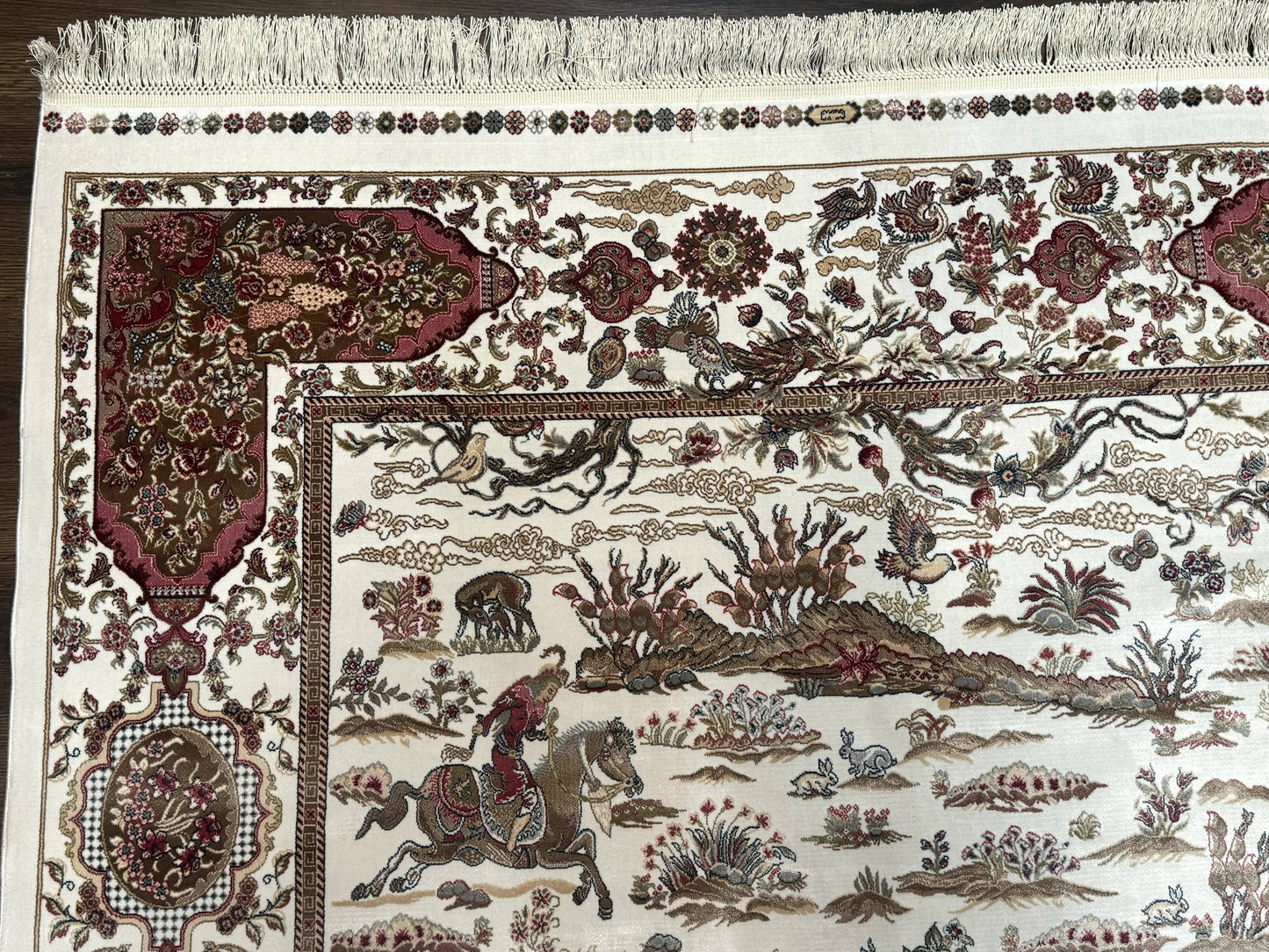 Turkish Silk Rug 5x8 Ivory Hunting Design Animal Pictorials Bamboo Silk