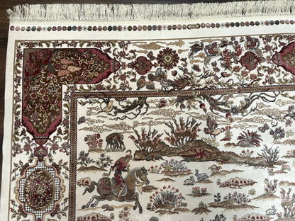Turkish Silk Rug 5x8 Ivory Hunting Design Animal Pictorials Bamboo Silk