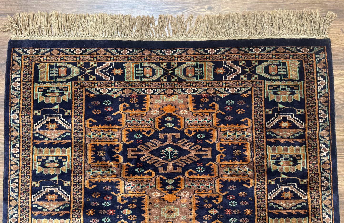 Vintage Afghan Rug 4x6, Navy Blue and Light Brown, Geometric Medallions, Wool on Wool, Tribal Rug