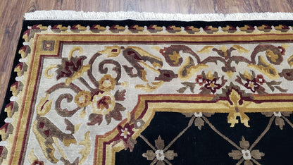 Aubusson Savonnerie Wool Rug 6x9 Hand Knotted Black Beige Nepalese Design