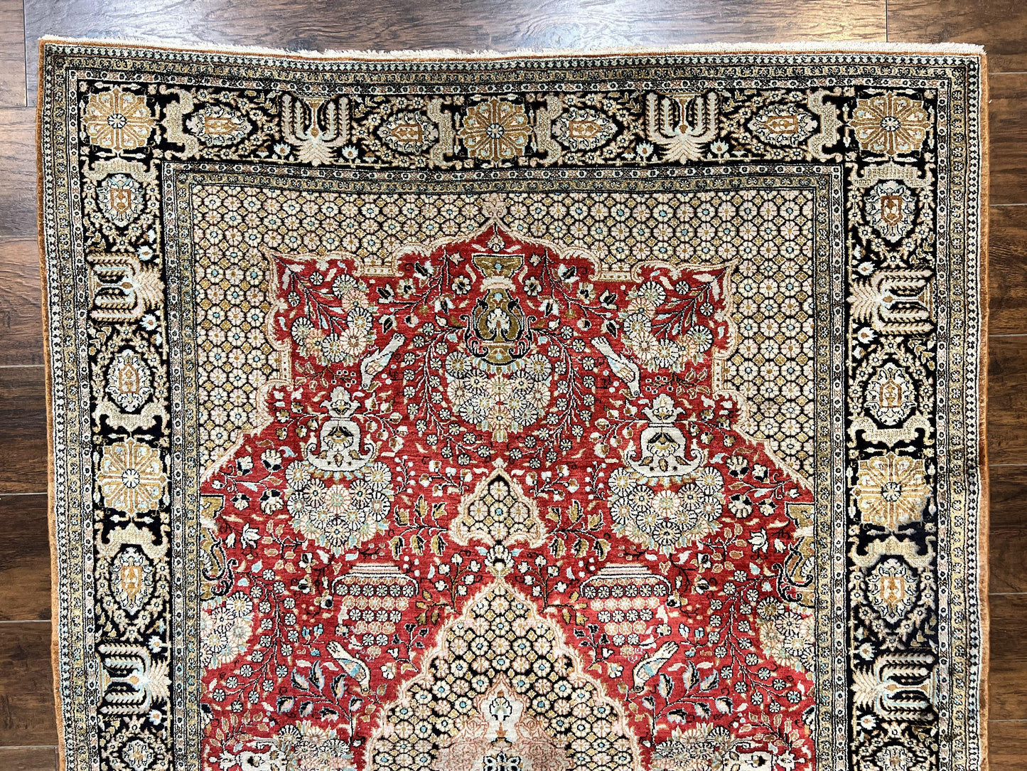 Persian Silk Rug 5x7 Hand Knotted Vintage Qum Carpet With Birds Floral Vases Red