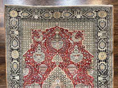 Persian Silk Rug 5x7 Hand Knotted Vintage Qum Carpet With Birds Floral Vases Red