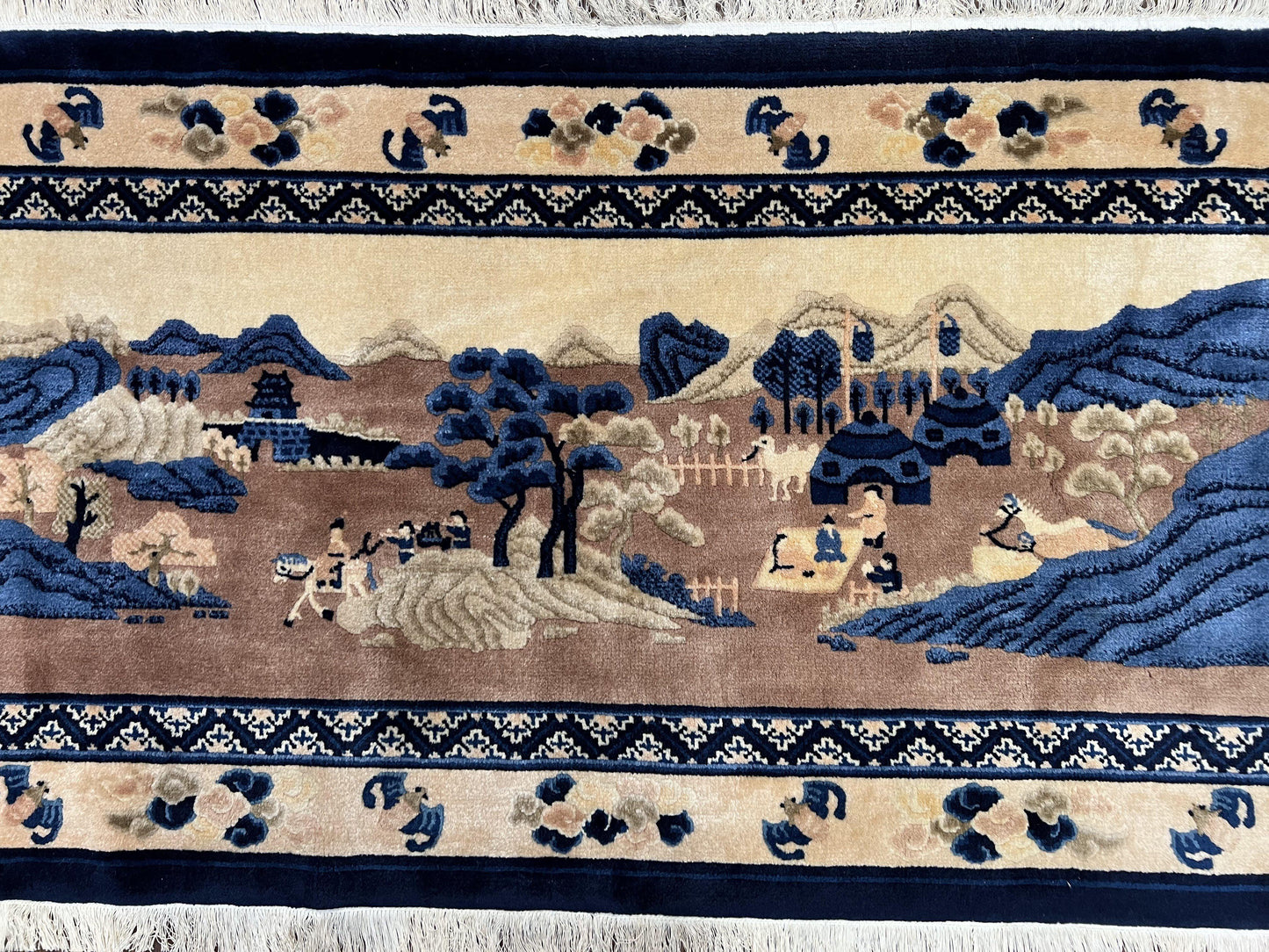 Chinese Pictorial Rug Antique Handmade 2.7x5 Village and Hills Beige Blue Wall Hanging Tapestry