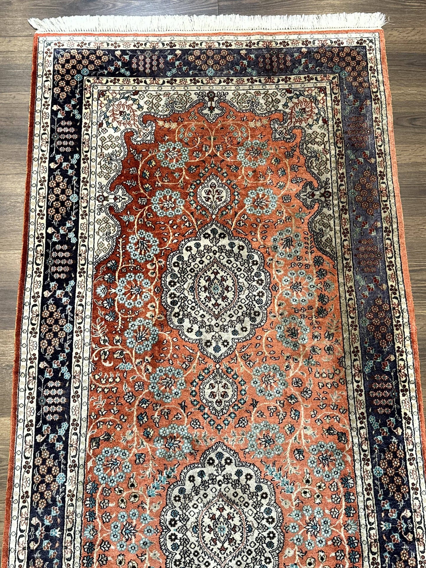 Turkish Silk Runner Rug 3x8, Short Runner Rug, Red, Floral Medallions, Very Fine 360 KPSI, 3 x 8 Runner
