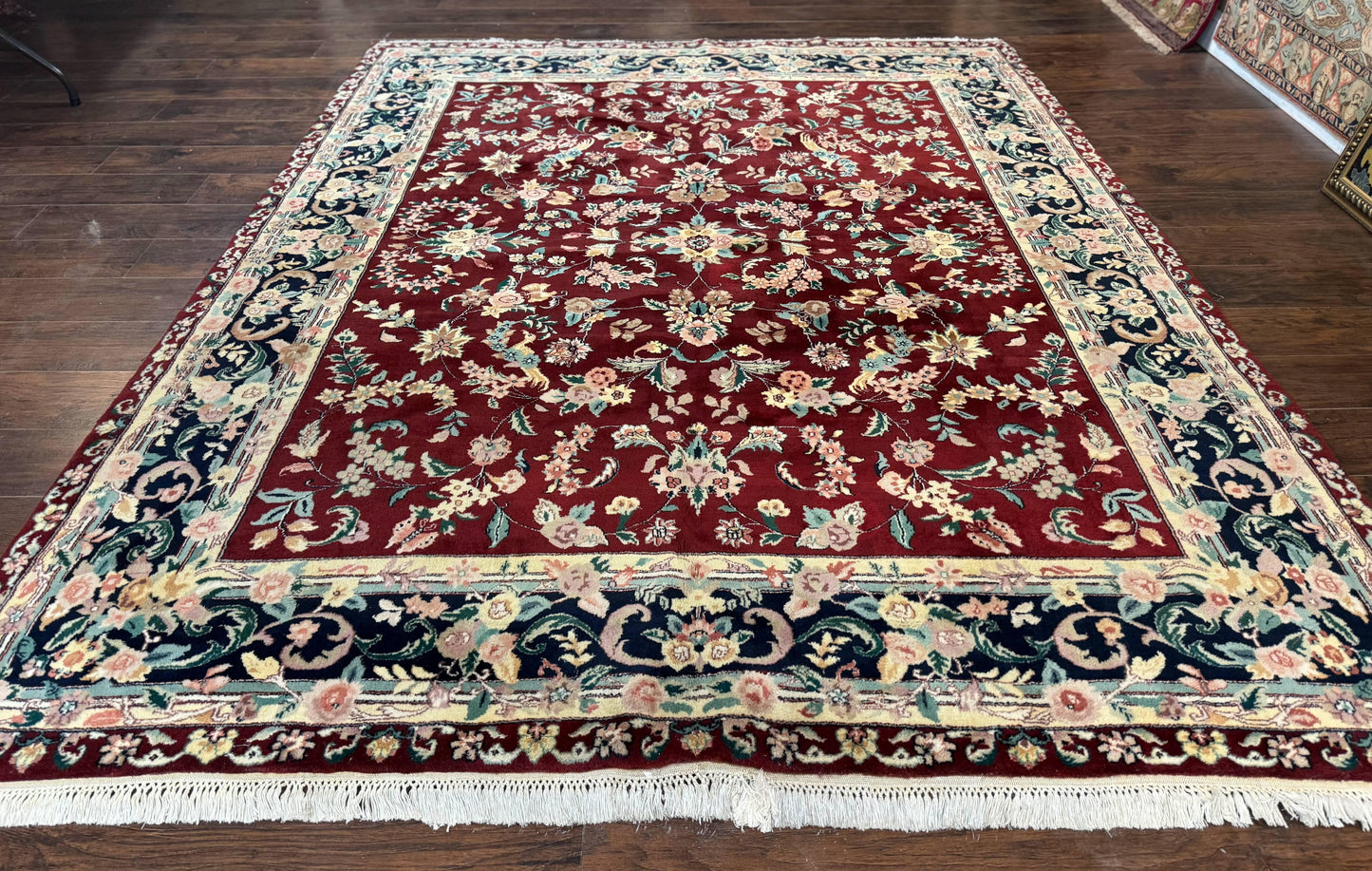 Indo Persian Rug 8x10 Handmade Wool With Floral Bird Pictorials In Maroon And Navy