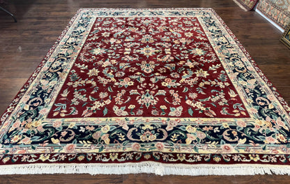 Indo Persian Rug 8x10 Handmade Wool With Floral Bird Pictorials In Maroon And Navy