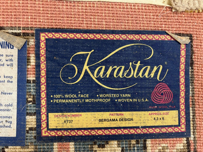 Karastan Rug 4x6 Bergama Design #737, Karastan Area Rug, Vintage Wool Karastan Carpet, Original Collection 700 Series, Salmon Red Light Blue