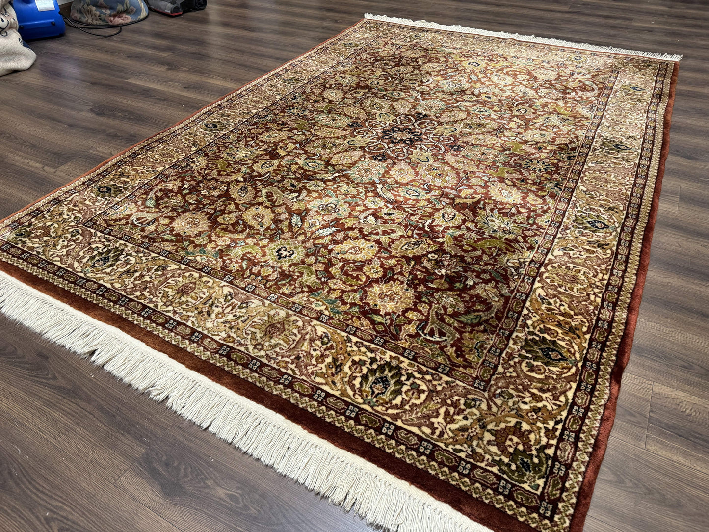 Tree Of Life Kashmiri Rug 6x9 Indian Wool Hand Knotted Rust Red Cream Animal Pictorials