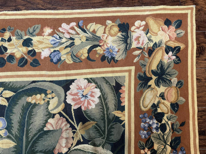 Needlepoint Rug 8x10, Vintage, Handmade, Wool, Green, Leaves & Fruits