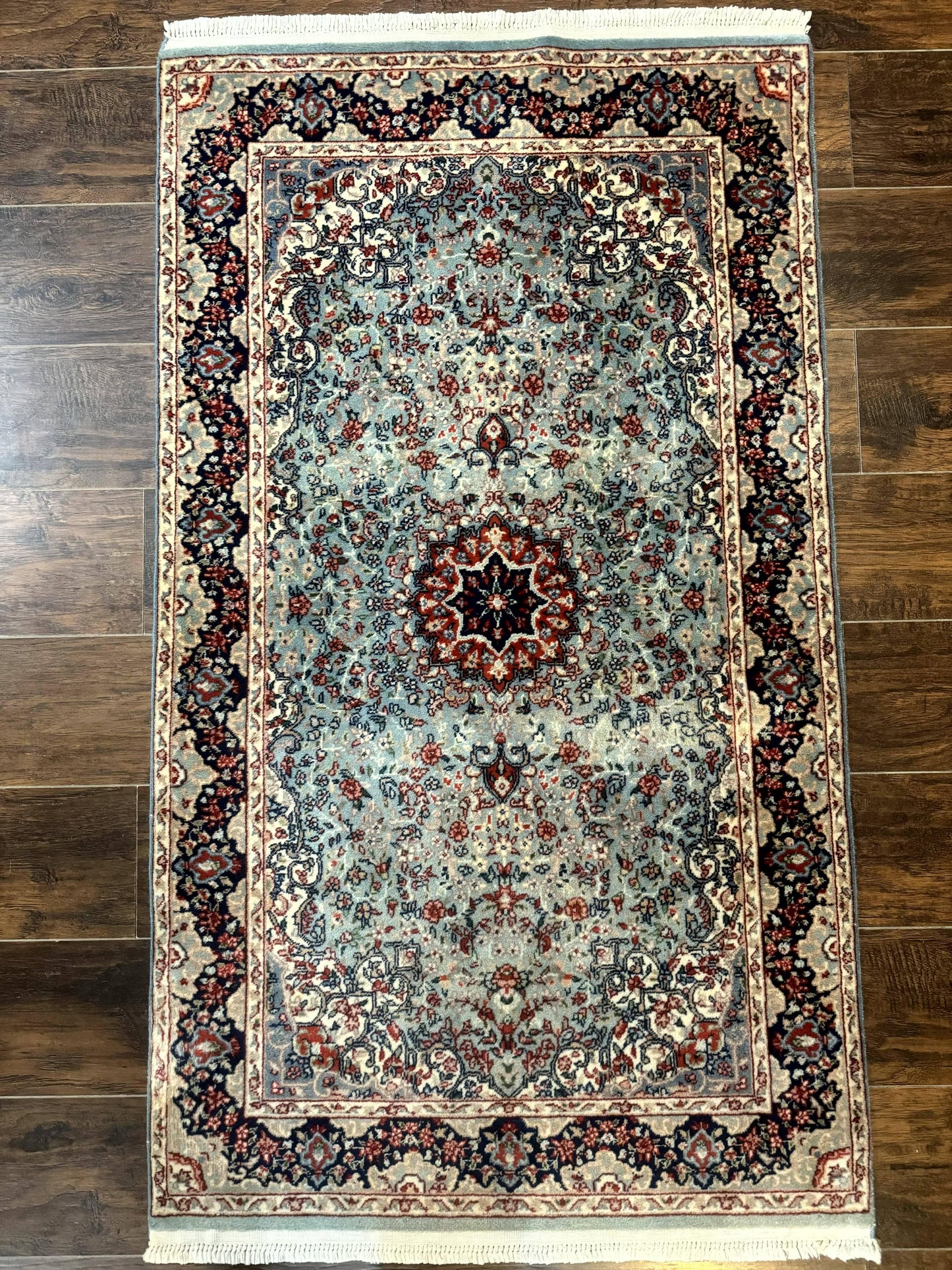 Indo Persian Kerman Rug 3x5 Light Blue Floral Medallion Handwoven Wool