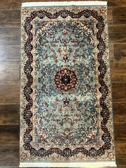 Indo Persian Kerman Rug 3x5 Light Blue Floral Medallion Handwoven Wool