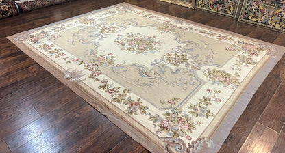 Aubusson Needlepoint Rug 9x12 Vintage Handmade Wool Beige Floral Roses European Elegant