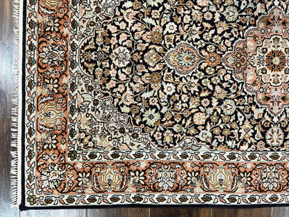 Kashmiri Silk Rug 3x5 Navy Blue Handmade Floral Medallion Indo Persian Silk
