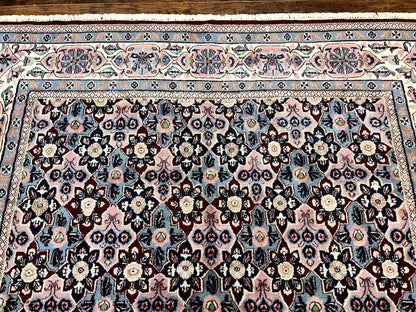 Indo Persian Rug 8x10, Repeated Allover Pattern, Navy Blue Ivory, Handmade Vintage Wool Carpet