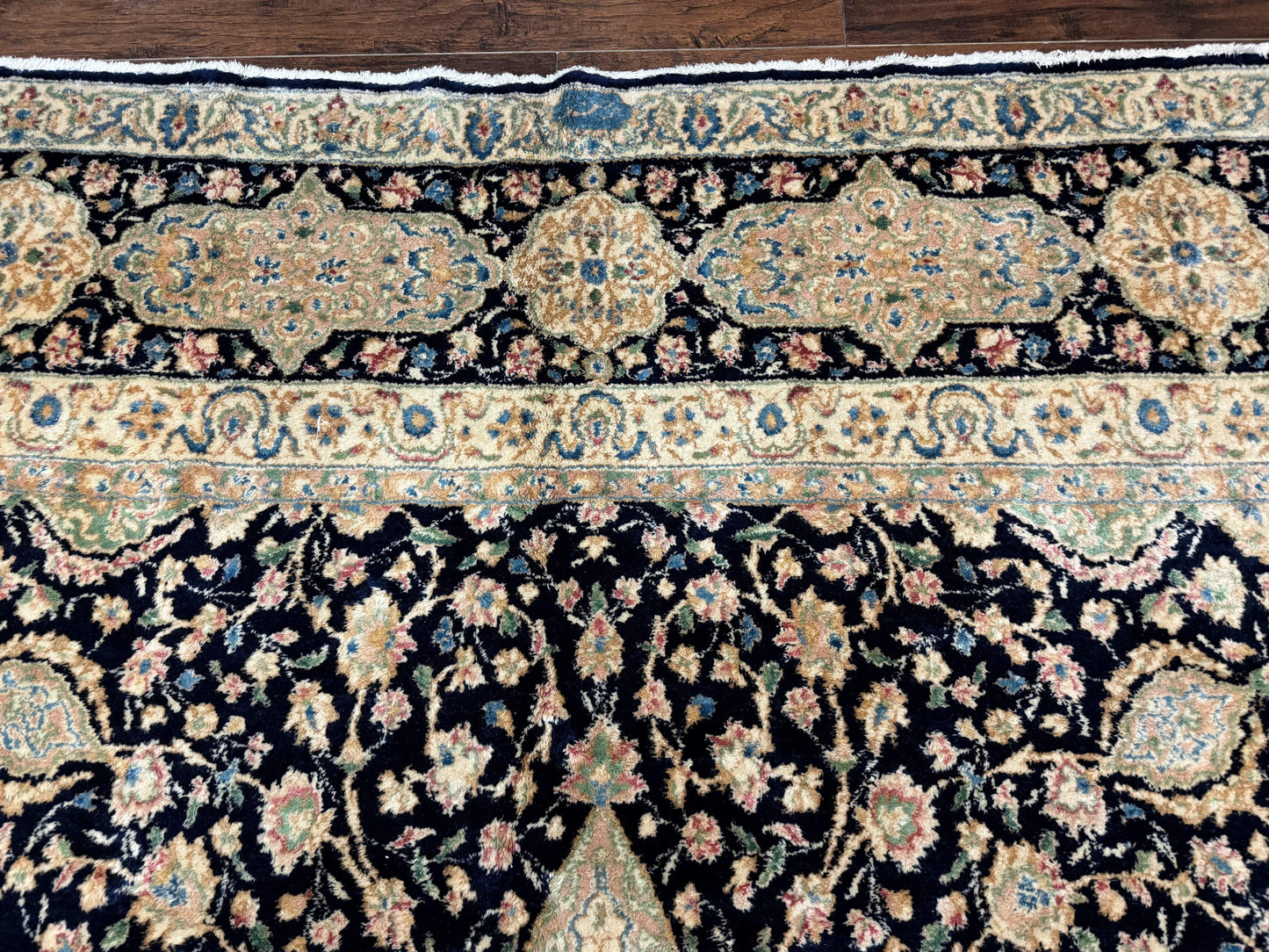 Persian Kerman Rug 10x14 Navy Blue Beige Floral Medallion Traditional Carpet Signed by Masterweaver