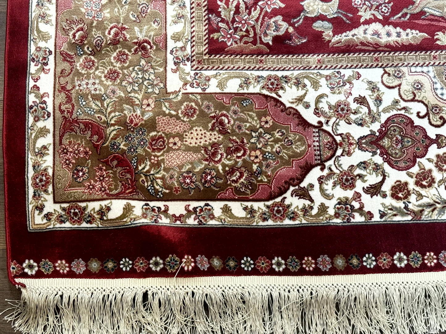 Turkish Silk Hunting Scene Rug 5 x 7.6 ft Red And Ivory Bamboo Silk