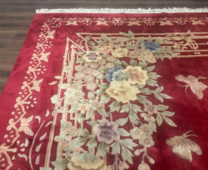 Chinese Wool Rug 12x18 Palace Size Vintage Hand Knotted Red With Butterflies And Flowers
