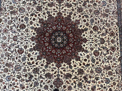 Sino Persian Rug 9x12, Vintage Wool Oriental Carpet, Floral Medallion, Wool Rug, Cream and Maroon