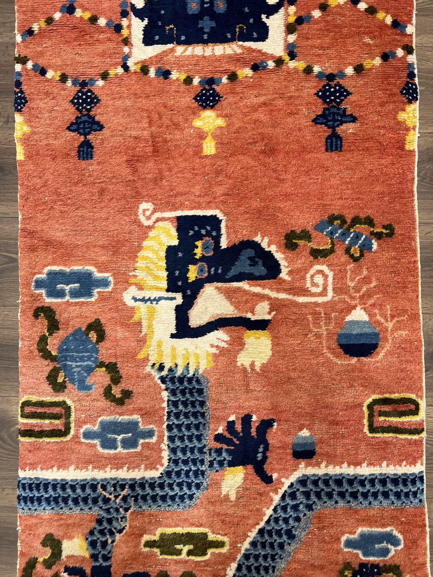 Rare Chinese Ningxia Pillar Rug 3x8, Late Qing Dynasty, 5 Clawed Dragon, Cloud Rainbow Border, Collectible Antique Carpet, Wool Hand Knotted