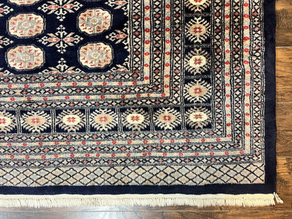 Pakistani Bokhara Rug 8x10 Hand Knotted Wool Vintage Carpet in Dark Blue Beige