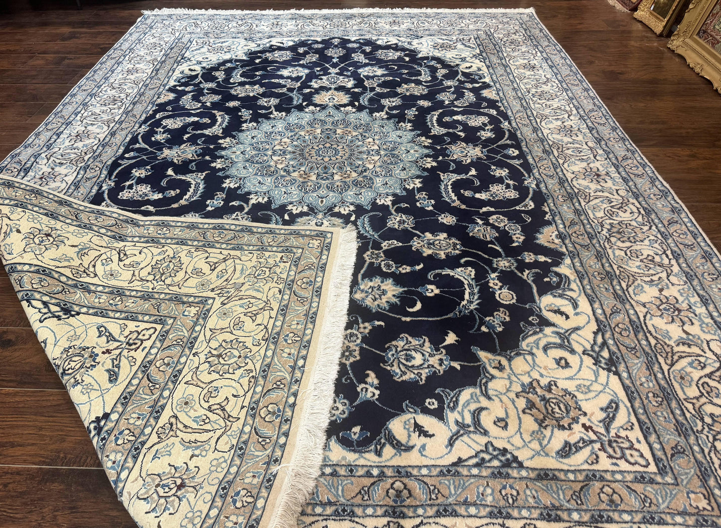 Persian Nain Rug 8x11, Navy Blue and Ivory, Handmade Wool Vintage Carpet, Floral Medallion