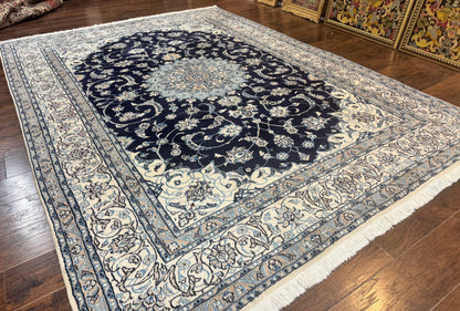 Persian Nain Rug 8x11, Navy Blue and Ivory, Handmade Wool Vintage Carpet, Floral Medallion