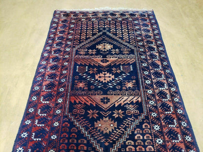 Vintage Balouchi Wool Rug Handmade In Pakistan 3 Foot 4 Inch By 5 Foot 6 Inch