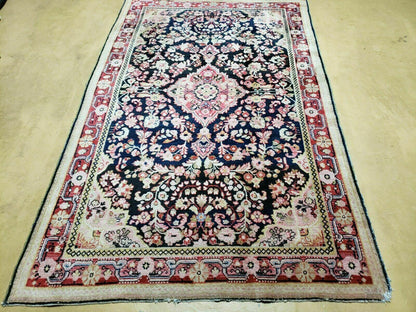 Antique Handmade India Floral Oriental Wool Rug 4x6 Full Pile Blue