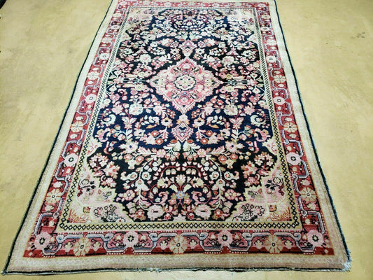 Antique Handmade India Floral Oriental Wool Rug 4x6 Full Pile Blue