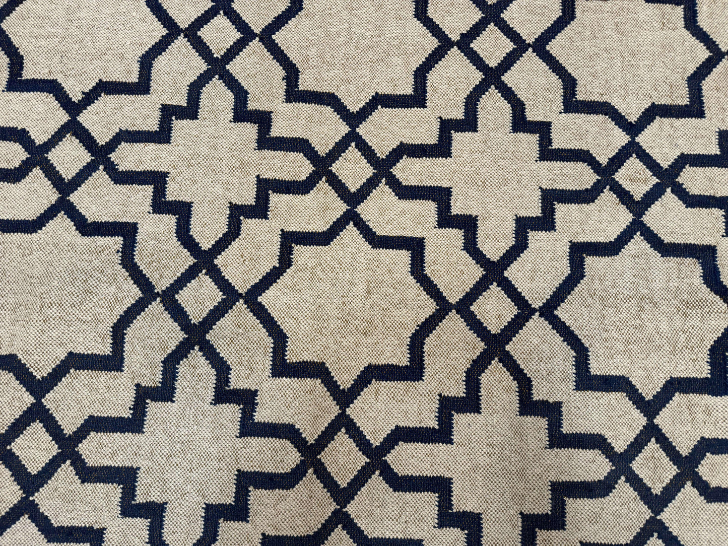 Indian Kilim Rug 8x10 Handwoven Wool Dhurrie Carpet Oat And Navy Blue