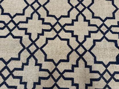 Indian Kilim Rug 8x10 Handwoven Wool Dhurrie Carpet Oat And Navy Blue