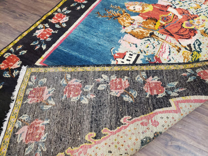 Antique Persian Pictorial Rug 4'6" x 9', Wool Hand-Knotted Blue Roses Karabagh Caucasian Carpet, 1920s Girl Deer Tapestry Wall Hanging Rug