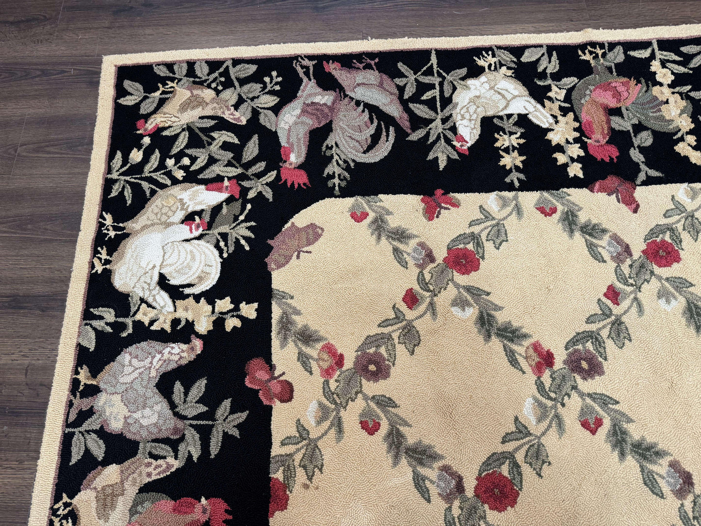 Vintage Hooked Rug 7x9, Rosters in Border, Roses and Butterflies