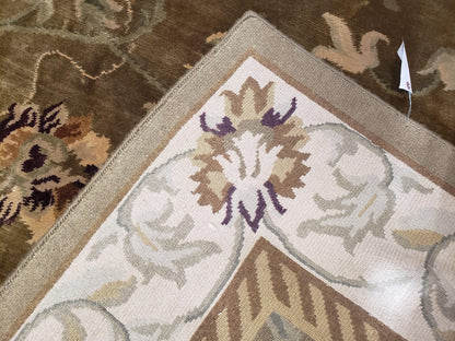 Premium Tibetan Wool Rug 8x10 Hand Knotted Green Beige Floral Area Rug