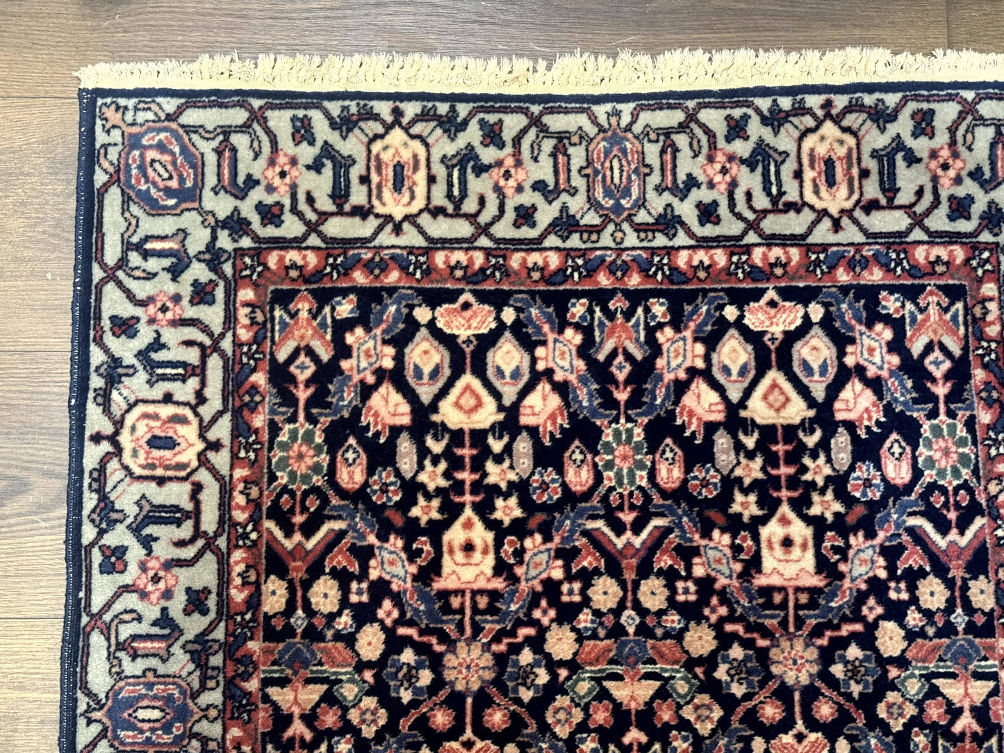 Indo Persian Runner Rug 2.8 x 12, Navy Blue, Floral, Fine 270 KPSI