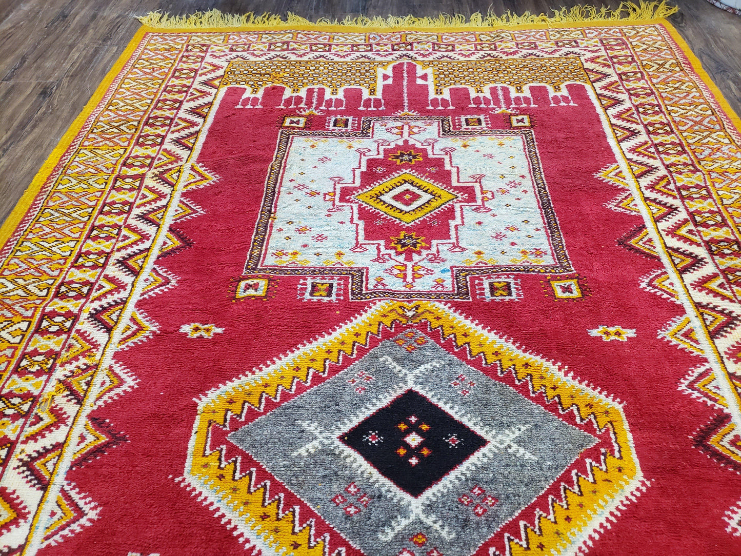 Vintage Moroccan Rug 6x10, Red and Yellow Moroccan Carpet, Handmade Bohemian Tribal Area Rug, Hand-Knotted 1970s Wool Rug, Medalions