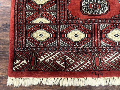 Red Pakistani Turkoman Bokhara Rug 3x5 Vintage Hand Knotted Signed
